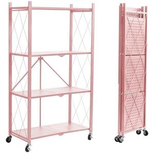 BRIAN & DANY 4-Shelf Foldable Storage Shelves with Wheels, Folding Metal Rack Shelving Unit, Heavy Duty No Assembly Organizer Shelf for Garage, Kitchen, Basement, Pantry, Pink