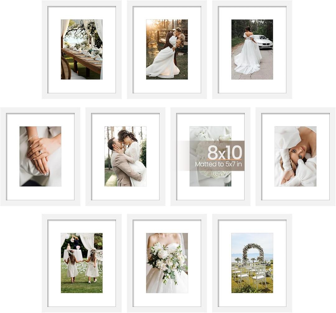 upsimples 8x10 Picture Frame Set of 10, Display Pictures 5x7 with Mat or 8x10 Without, Multi Photo Frames Collage for Wall or Tabletop Display, White