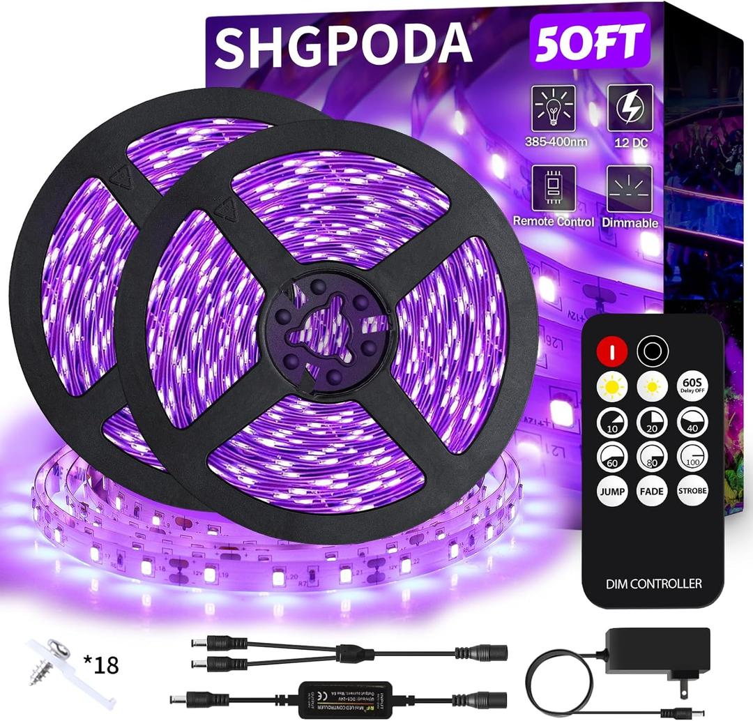 50 Foot Black Light Strip & Remote, 900LEDs, Dimmable 12V Flexible Black Lights for Glow Party, Bedroom, Halloween, Fluorescent Tapestry Poster, 3 Lighting Modes, Non-Waterproof
