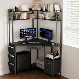 VENNQD Corner Desk with Drawers Shelves, Office Desk with Hutch, Triangle Corner Gaming Computer Desk with Storage Bag, Power Outlets and Hook for Home Office Workstation (Black)