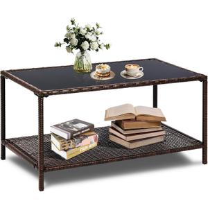 SUNNYPARK Outdoor Rattan Coffee Table 36 All-Weather Wicker Patio Side Tables with Glass Top and Storage Shelf Furniture for Living Room Balcony Backyard Poolside (Brown)