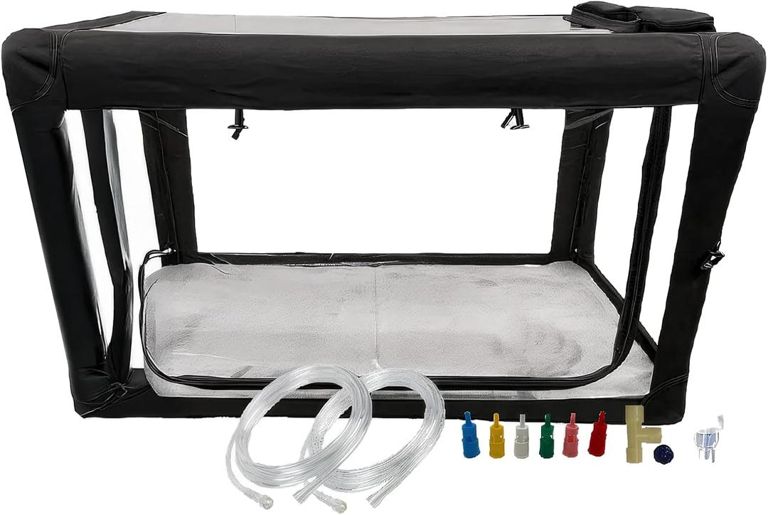Oxygen Therapy Cage for Pets – Veterinary Oxygen & Nebulizer Chamber for Dogs, Cats, Puppies, Sheep – Portable Oxygen Concentrator with Tubing Kit, Soft Mat, Venturi Adapters, Nebulizer, T-Fitting
