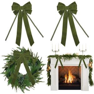 AIMUDI Moss Green Velvet Bows - 6.5" x 15" for Gift Wrapping, Christmas Tree, Wreath, Garland, Staircase, Home Outdoor Winter Decorations - 2 PCs