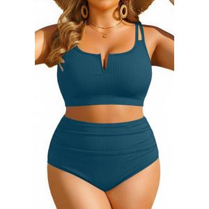 Yonique Women Plus Size High Waisted Bikini - Ribbed Two Piece Swimsuit Tummy Control Bathing Suit V-Wired 2026 Swimwear (Teal)