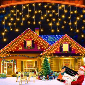 XURISEN 66ft Christmas Lights Decorations Outdoor, 640 LED 8 Modes Curtain Fairy Lights with 120 Drops,Plug in Waterproof Timer Memory Function for Christmas Holiday Wedding Party Decor(Warm White)