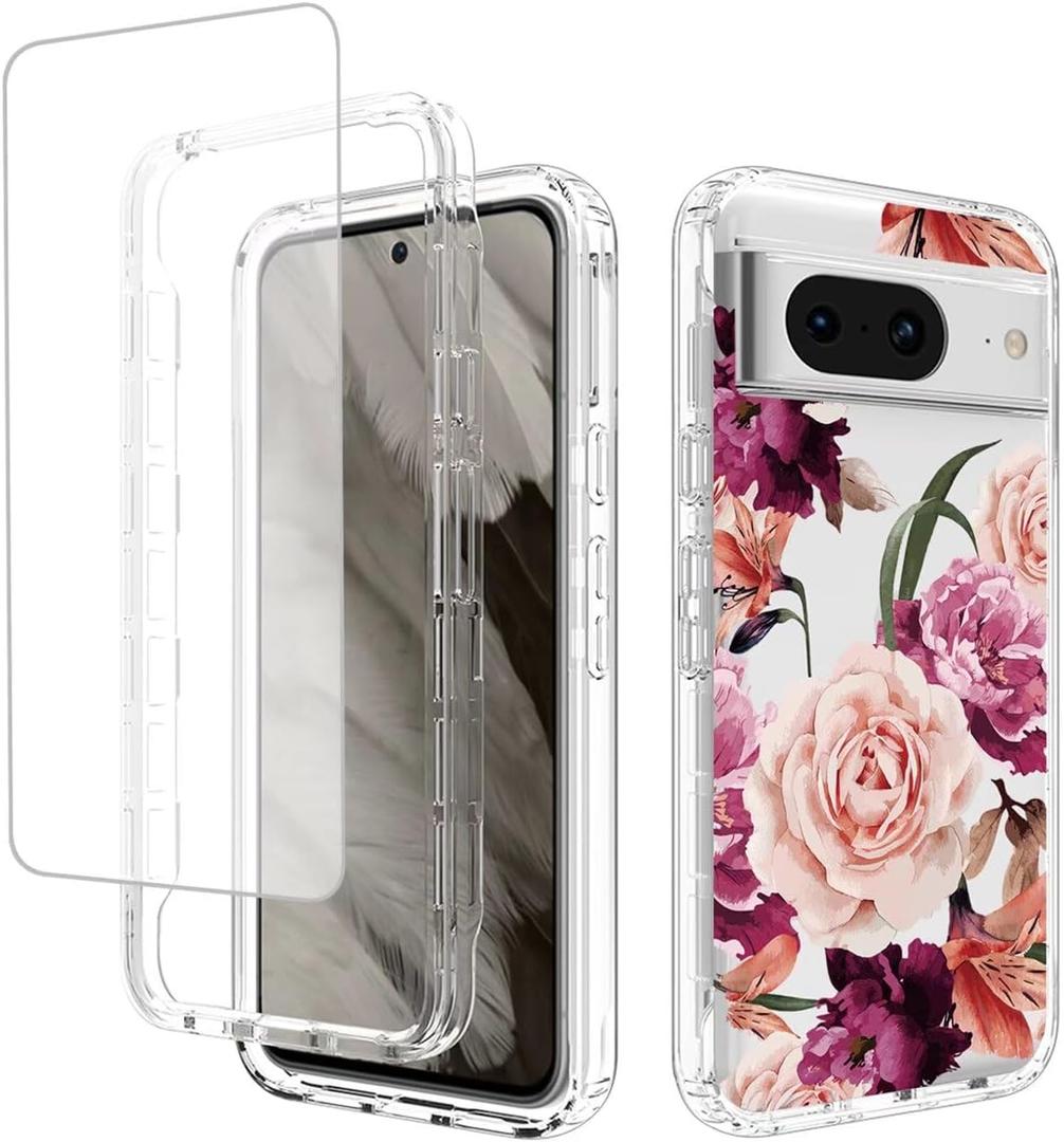 Case for Pixel 8 Case, Google 8 GKWS6 G9BQD Case with Tempered Glass Screen Protector, Full Body Cute Floral Bumper Shockproof Protective Phone Case Cover for Google Pixel 8 Purple Flower