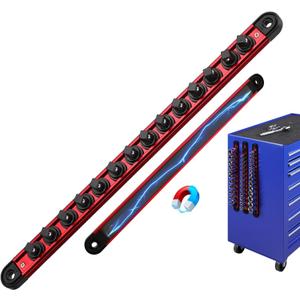 3/8-Inch Magnetic Socket Organizer Rail, Aluminum Alloy Socket Rail, Heavy Duty Sockets Holder with 14 Clips, 360 Swivel Clip Tool Tray, Sockets Organizer for Tool Box Drawer (Red)