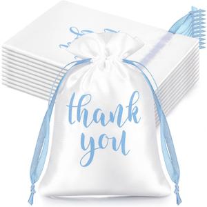 Sieral 50 Pcs Thank You Satin Gift Bags with Drawstring Jewelry Candy Bags for Wedding Bridal Shower Gift Wrap Bags for Birthday Party Anniversary Favor(White, Blue,4 x 6 Inch)