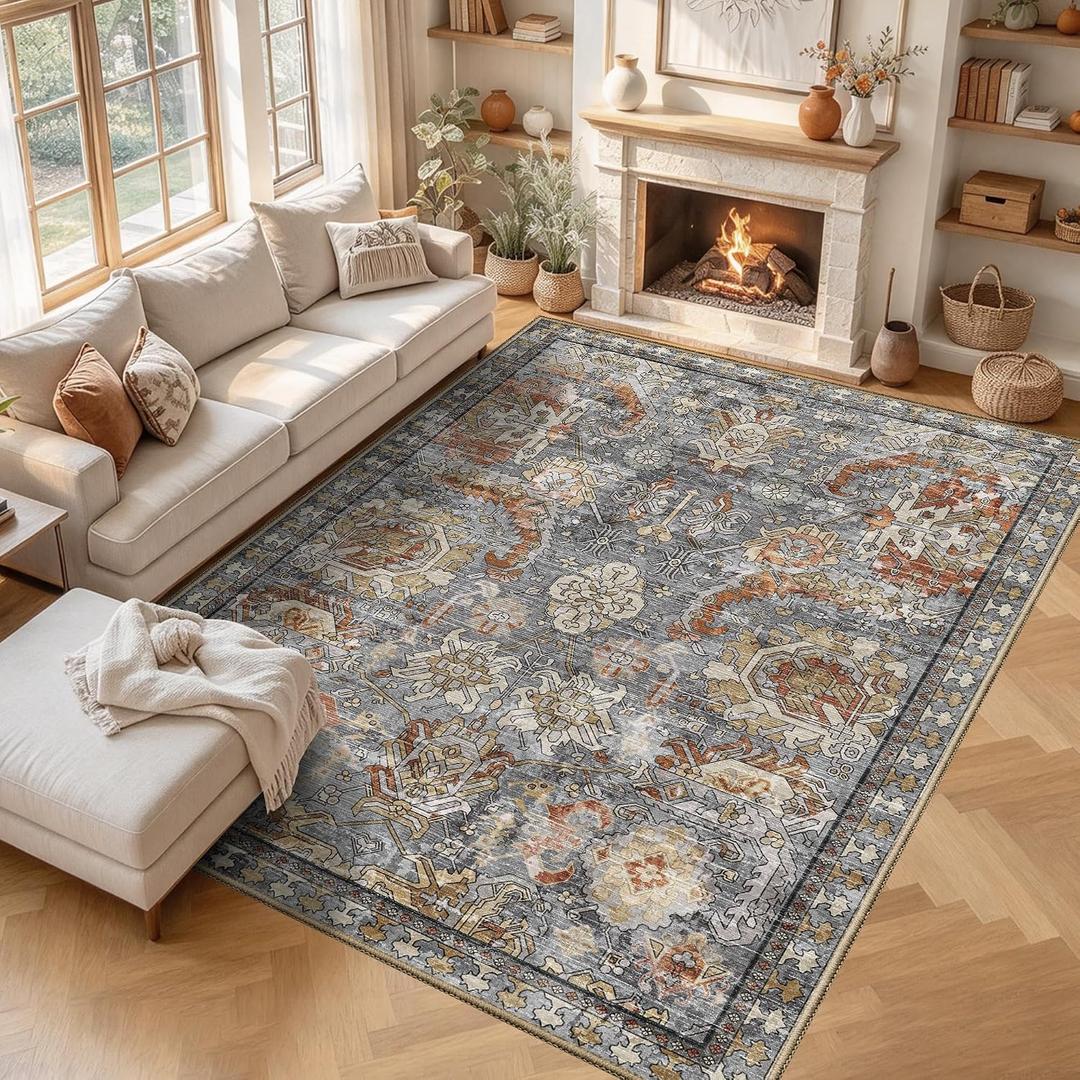 Washable Area Rugs - Perfect for Living Room, Bedroom, Kids Room, Nursery - Stain & Water Resistant Non-Slip, Pet & Child Friendly, Vintage Tribal Area Rugs (Turmeric and Grey, 8' x 10')
