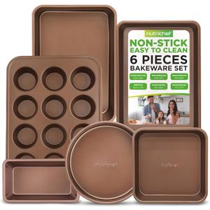 NutriChef 6-Piece Nonstick Bakeware Set, Carbon Steel Baking Pans Set, Includes Cookie Sheets, Wide & Square Bake Pans, Bread Loaf & Round Cake Pan, Muffin Pan - Gold