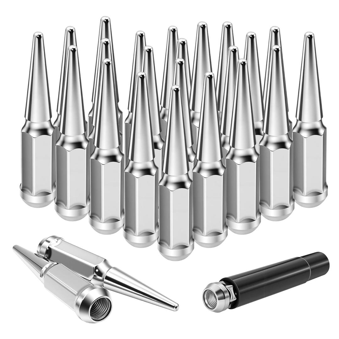 M14x2.0 Chrome Silver Wheel Spike Lug Nuts, 14mmx2.0 Spiked Lug Nut with 1 Socket Key, 4.4" Tall Cone Seat Closed End 3/4" Hex Lugnut Compatible with 2007-2014 Expedition Navigator, Set of 24
