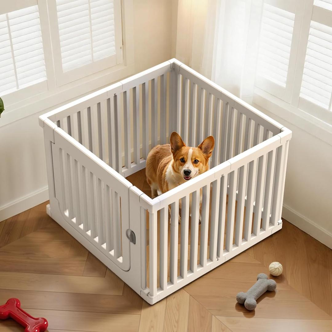 23.6" H Plastic Pet Playpen with Lockable Wide Door, 7 Panels Expandable Pet Fence with Portable Indoor/Outdoor, Easy Setup & Clean for Pets up to 22lbs or Baby (White)