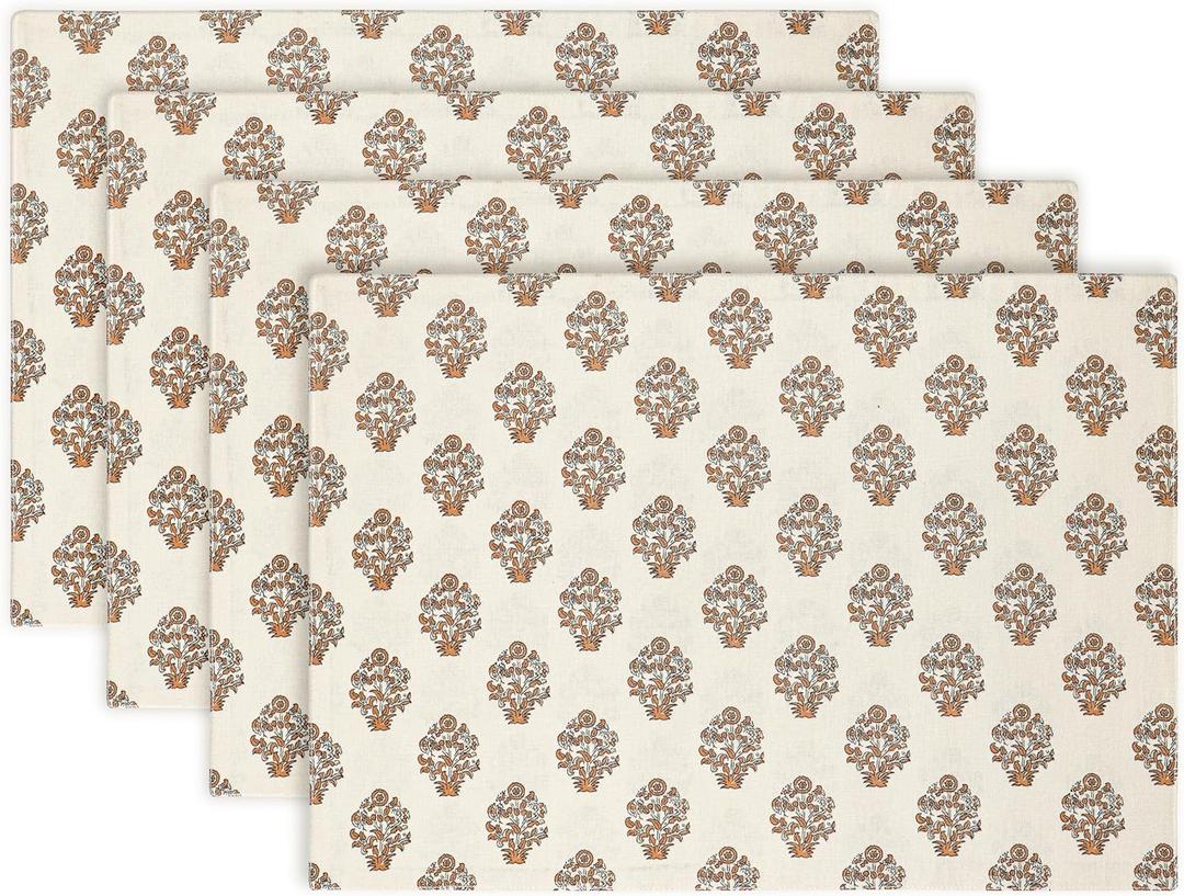 PurpleEssences Fall Placemats - Set of 4, 13x19 Inch - Leaves Design, 100% Cotton, Washable Autumn Table Mats for Thanksgiving, Kitchen, Dining & Party Decor - Goldenrod Beige