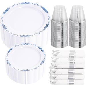 DaYammi 350Pcs Blue and White Plastic Plates Disposable Blue Plates for Party Include 50 Dinner plate,50 Dessert plate- 50 Per Rolled Napkins with Silver Cutlery- 50 Disposable Cups 9 OZ for Wedding