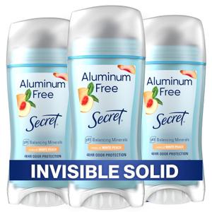 Secret Aluminum Free Deodorant for Women, 48hr Odor Protection, Free of Parabens Dyes Talc & Baking Soda, PH Balancing Minerals, Invisible Solid, White Peach Scent, 2.4 oz (Pack Of 3)