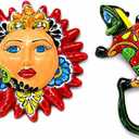 Mexican Talavera Wall Decor Bundle – 10 Inch Hand Painted Ceramic Sun Face & Multicolor Talavera Lizard | Handmade Mexican Folk Art | Indoor & Outdoor Wall Decoration