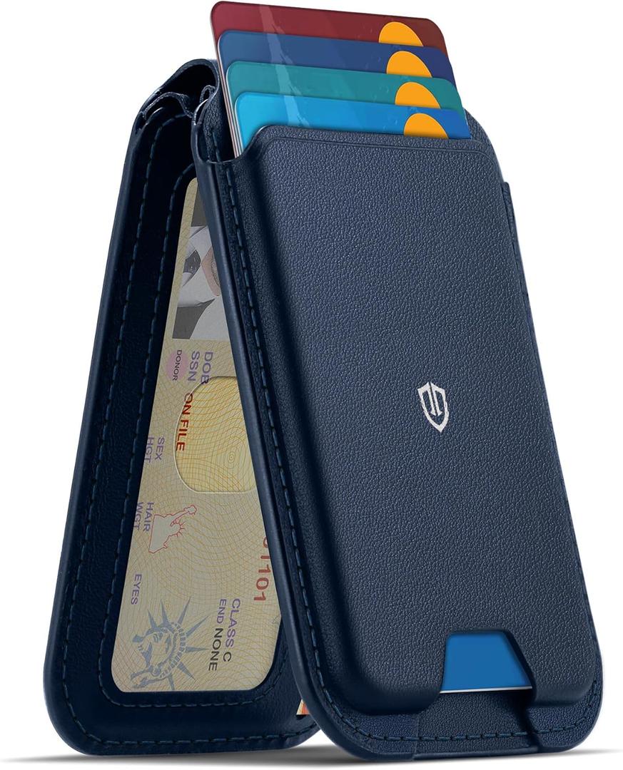 SHIELDON Genuine Leather Strong Magnetic Wallet for Magsafe, Adjustable Stand 6 Card Holders, RFID Blocking, Mag Wallet Compatible with iPhone 17/16/15/14/13/12 Series & Magnetic Case - Navy Blue