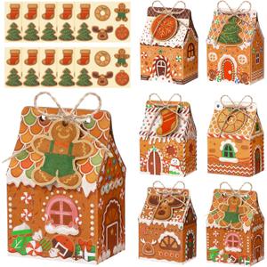 Blulu 60 Set Small Christmas Cookie Boxes with Tags Gingerbread House Gift Box with String Kraft Paper Christmas Treat Boxes Mini Goodie Containers for Xmas Party Packaging Favor Supplies(Brown)