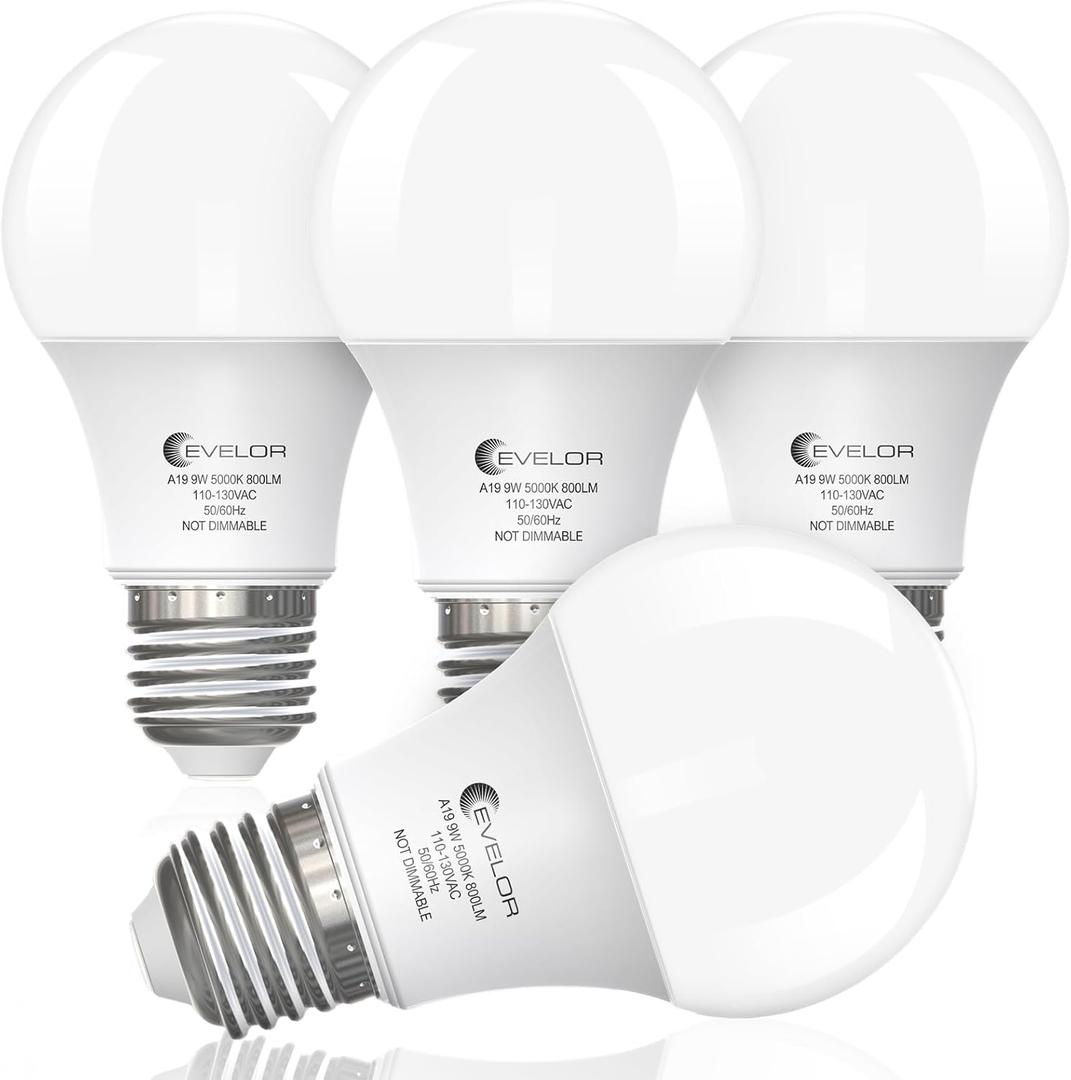 Evelor A19 LED Light Bulbs,60 Watt Equivalent Daylight 5000K with E26 Base,Efficient 9W,800 Lumens Non-Dimmable LED Bulbs,15000 Hours, Ideal for Bedroom Living Room, 4-Packs