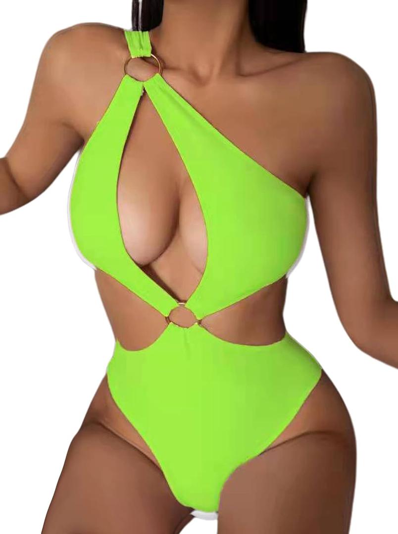 Hilinker Women's Sexy Ring Front Cut Out One Piece Swimsuit One Shoulder Bathing Suit Light Green Small