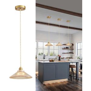 Glod Pendant Light Fixture for Kitchen Island, Modern Hanging Lamp for Dinning Room, Adjustable Hanging Lights with Glass Shade for Bedroom Hallway Bar Shop, Brushed Brass Finish. (Gold)