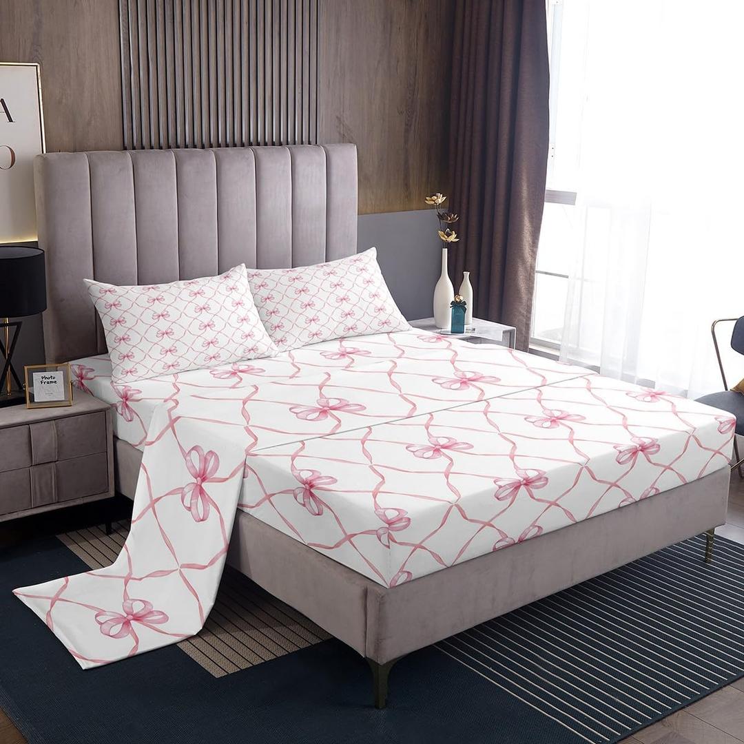 Erosebridal Pink Bowknot Bed Sheets Set Queen Bow Knot Sheet Set for Kids Girls Butterfly Knot Bow Tie Sheets Aesthetic Coquette Bedroom Decor Geometric Cartoon Flat Fitted Sheet