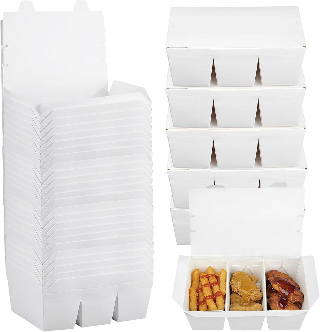 30 Pack 50 oz Paper To Go Containers, 3 Compartment Take Out Food Containers, White Take Out Boxes, Microwavable, Leak and Grease Resistant for Restaurants, Picnics, Offices and Catering, 4.6 x 2.5 inches