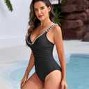 RIHOAS Women's One Piece Swimsuit, Gold Rhinestone Necklace, Postpartum Tummy Control Ruched Deep V Neck Bathing Suit (Black, S)