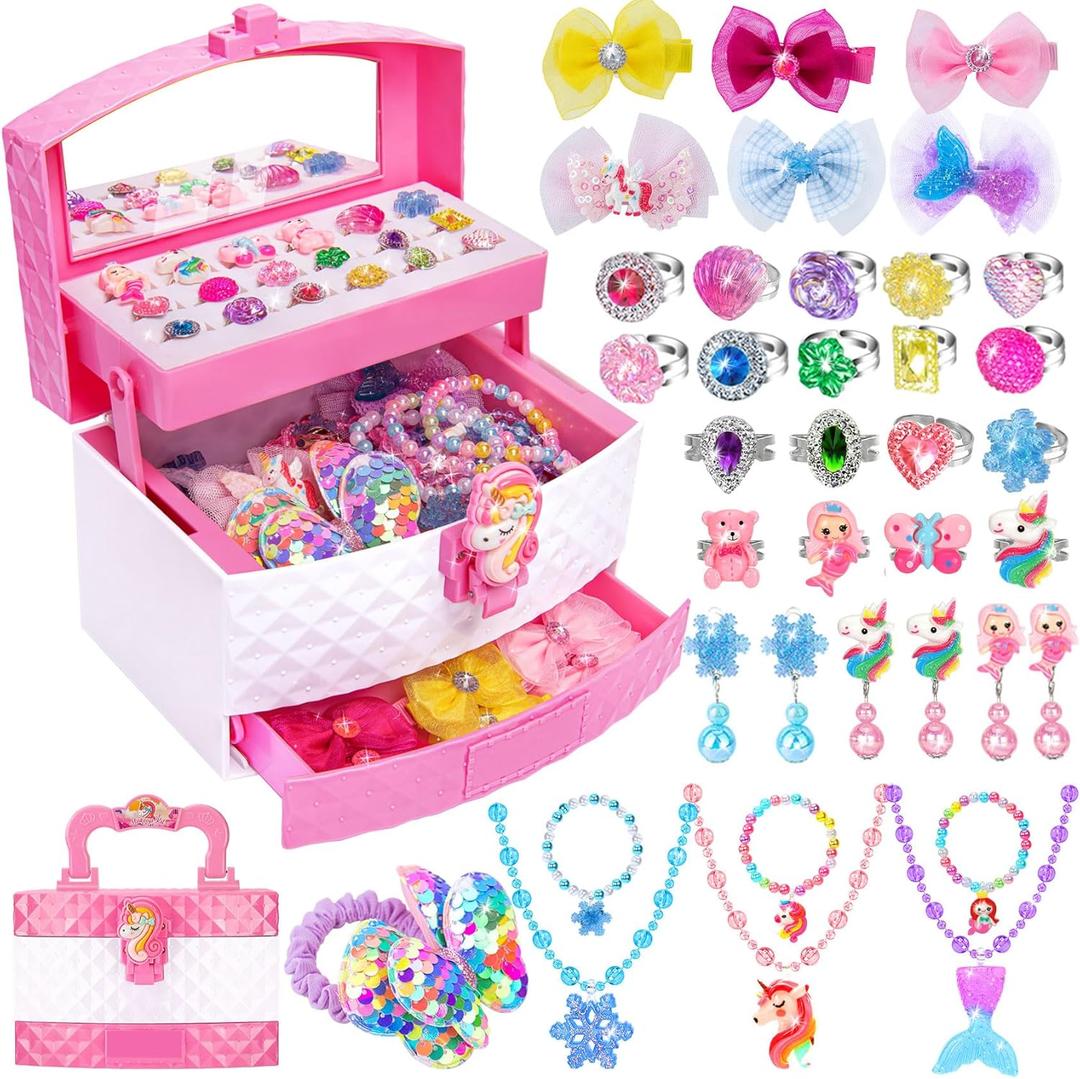 Jewelry Toys for Girls, Adjustable Rings, Bracelets, Necklaces, Butterfly Hair Clips, Toddler Bows, Unicorns Kids Toys Set for Princess Dress Up, Christmas Birthday Gifts, 3 4 5 6 7 8 9+ Year Old Girl