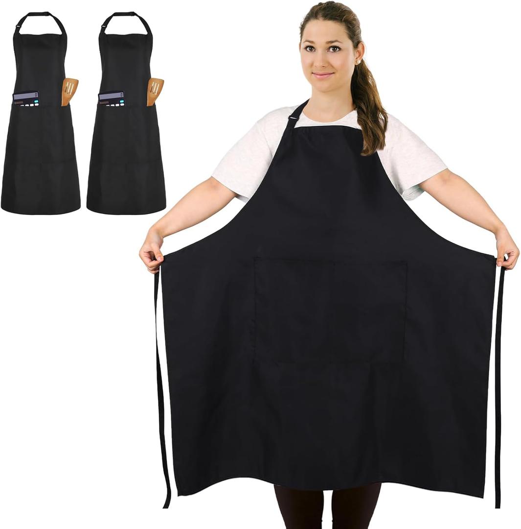2 Pcs Plus Size Chef Apron, Unisex Professional Apron with 2 Pockets for Cooking, Work, Baking (Larger Size) (Black)