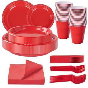 WELLIFE 210 PCS Red Plastic Plates for 30 Guests - Disposable Dinnerware Set Including Dinner Plates, Dessert Plates, 12oz Cups, Cutlery & Napkins, Red Disposable Plates for Valentines