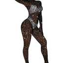 EHSUYAB Women Sexy Lace Jumpsuit, Leopard Fishnet Bodysuit Dancer Glow Rave Outfits, One Piece Mesh Full Rhinestone Lingerie Plus Size Black
