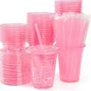 100 Set Pink Plastic Cups with Lids and Straws 12 oz Disposable Drinking Clear Cups for Wedding Pink Birthday Party Supplies