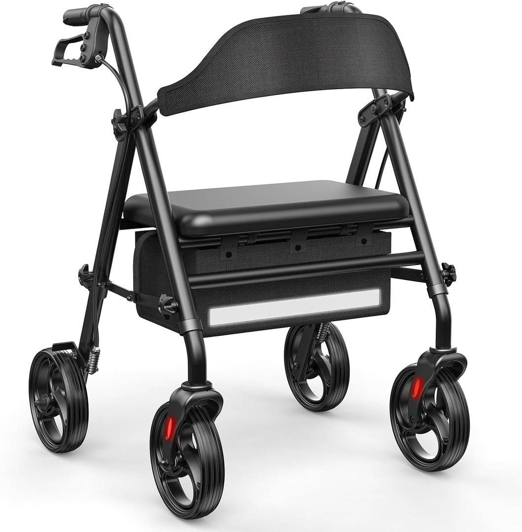 Walkers for Seniors with Seat, Thick Padded Comfortable Seat 350 lb | Rollator Walker with Seat, Lightweight Foldable Thickened Tube Frame, Height Adjustable, 8'' Wheels Rolling Walker Black