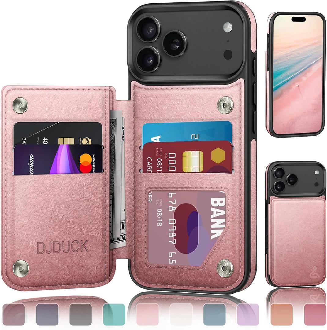 DJDUCK Designed for iPhone 17 Pro Max Case Wallet with Card Holder, [Magnetic Clasp Cover] [RFID Blocking Leather Protection] Shockproof Women Men Cases 6.9 Inch for Apple 17 ProMax Rose Gold