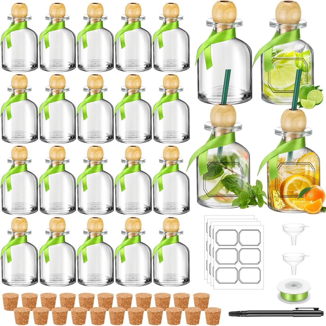 Hushee 24 Pcs Shot Glasses Patron Bottles with Cork Straw 3. 3 oz Mini Empty Bottles for Drinks Small Reusable Clear Glass Patron Shot Cups with Silk Ribbon Wedding Party Favors