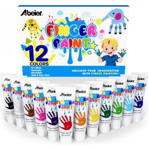 ABEIER Washable Finger Paint for Toddlers, Safe Non-Toxic, 12 Vibrant Colors (1.21fl oz), Baby Safe Paint for Hand and Feet, Mess Free Art Supplies for Kids, Preschool Learning Gifts, Ages 1-3 4 5 6+