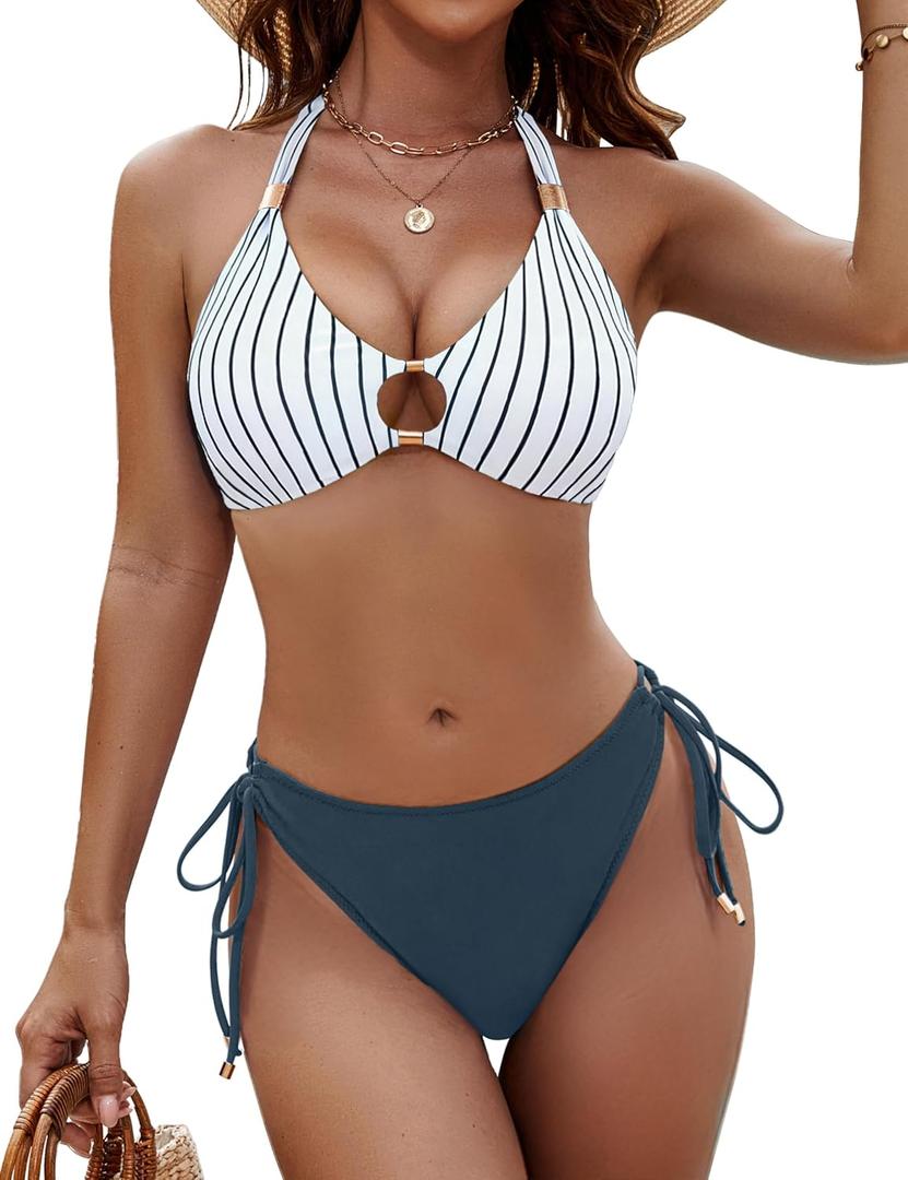 BMJL Womens Bikini Sets Sexy Two Piece Halter Swimsuits String Cutout Bathing Suit Swim Suits 2025 (Large, Stripe Blue49)