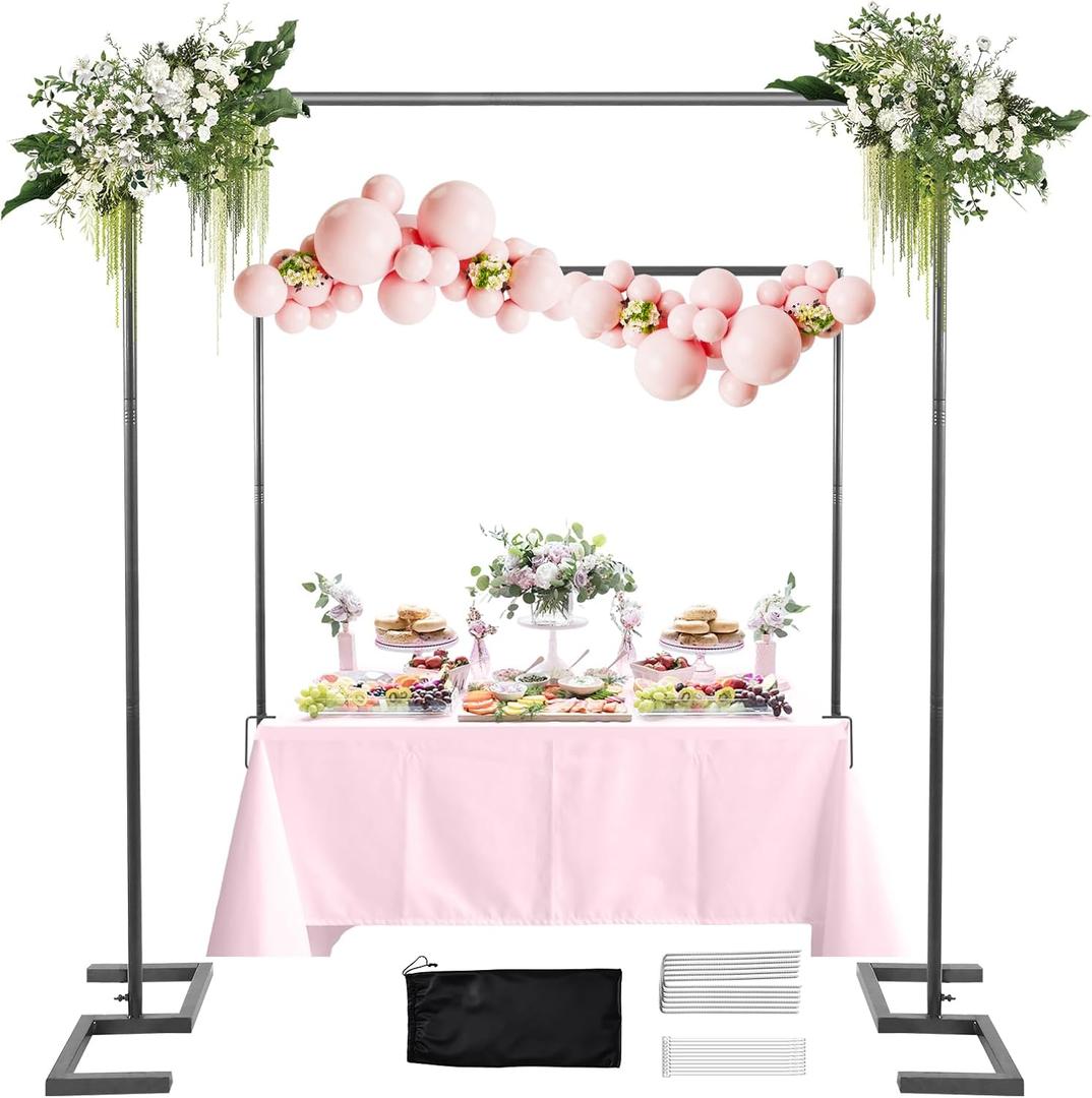 8.2FT Square Wedding Arch,Metal Arch Backdrop Stand Heavy Duty Adjustable,Extra 2 Clamp Change Over The Table Rod Stand,Black Balloon Arch Stand for Valentine Party Decor,Photoshoot Backdrop Stand Kit