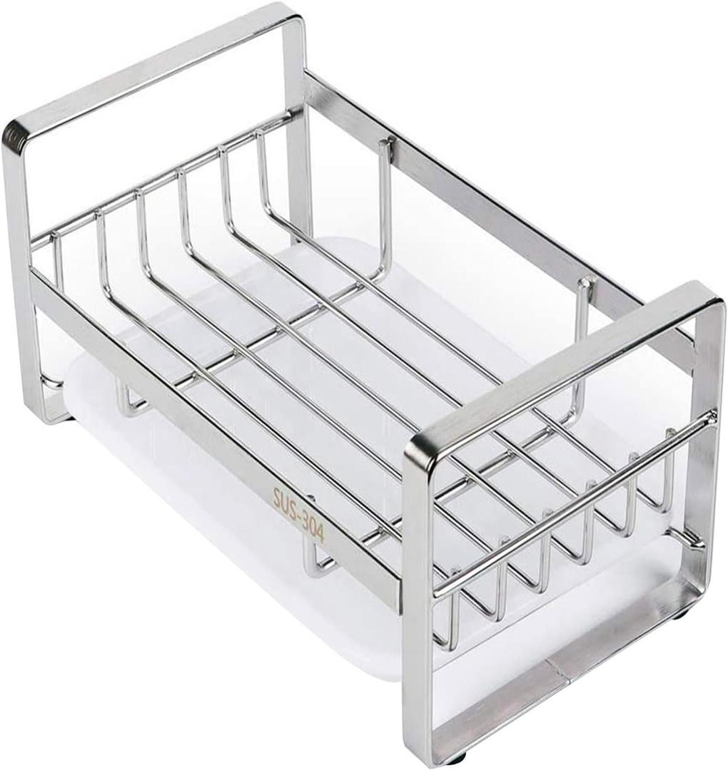 Kitchen Sink Caddy, 304 Stainless Steel Sponge Holder for Sink Organiser, Dish Storage Accessories with Removable Drain Tray (not Including Dispenser and Cleaning Brush)