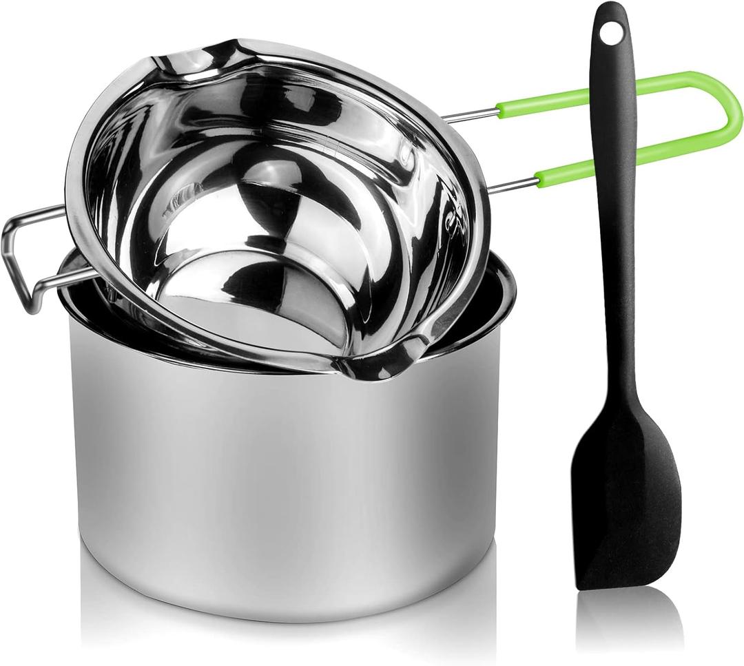 Double Boiler Pot Set, Stainless Steel Melting Pot with Silicone Spatula for Melting Chocolate, Soap, Wax, Candle Making (600ml and 1600ml,Green)