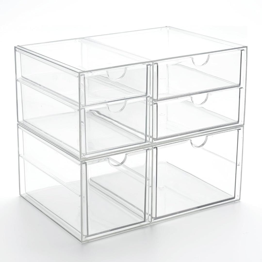 Prsildan Acrylic Drawer Makeup Organizer with 6 Drawers, Set of 2 Office Desk Organizers Accessories, Clear Stackable Storage Drawers for Vanity, Craft, Not for Baby Bottle (Largest Drawer 4" Tall)