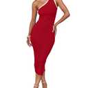 ZESICA Women's 2025 Summer One Shoulder Bodycon Midi Dresses Casual Sleeveless Ribbed Knit Side Slit Vacation Dress,Red,Medium (Red, S)
