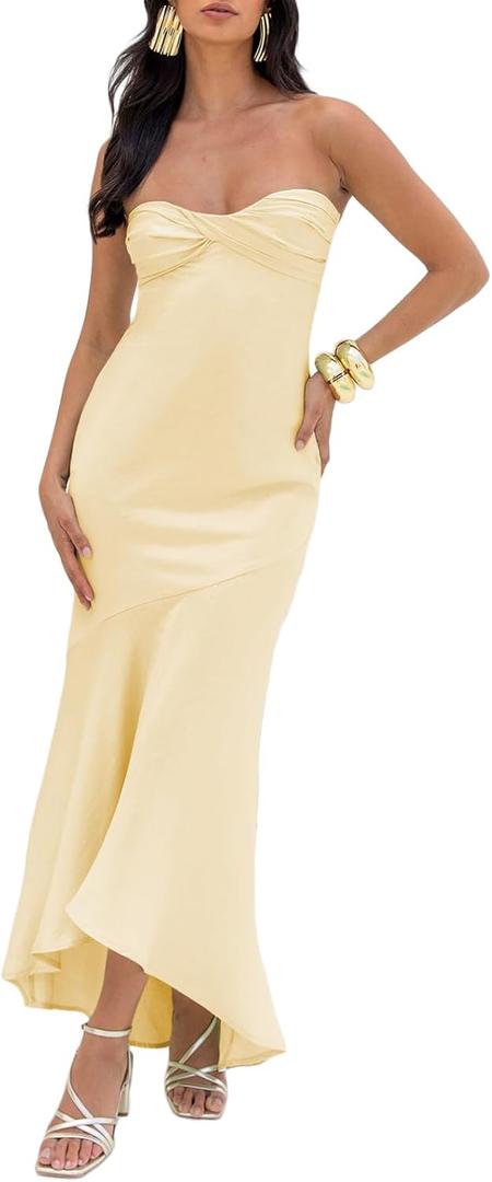 Summer Satin Tube Top Strapless Midi Dress for Women 2025 Formal Ruched Backless Wedding Guest Long Dresses (Yellow, XL)