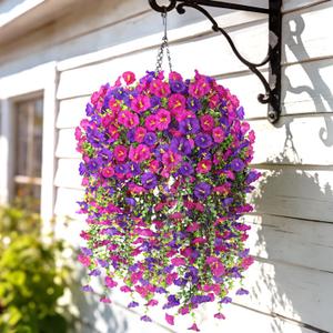 Artificial Hanging Flowers with Basket, 480 Blooms UV Resistant Faux Morning Glory Silk Plants, Fast & Easy Assembly Fake Hanging Baskets for Outdoor Porch Patio Garden Decor, Fuchsia&LightPurple