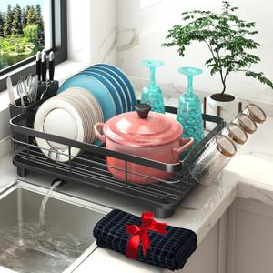 Godboat Dish Drying Rack, Dish Rack with Auto-Drain & Mat, Dish Drainers for Kitchen Counter, Glass Organizer for 4 Cups, 3 Slots Utensil Holder, Gifts for Women Mothers Day, Kitchen Gadgets & Decor (Large/(1-Tier))