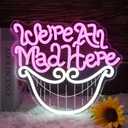 Mad Hatter's Tea Party Neon Sign We're All Mad Here Inspirational Light for Wall Art Decor Cheshire Cat's Grin Neon Sign Unique Wall Decor for Book Lovers and Movie Fans Birthday Party Gifts 12.8*11.3