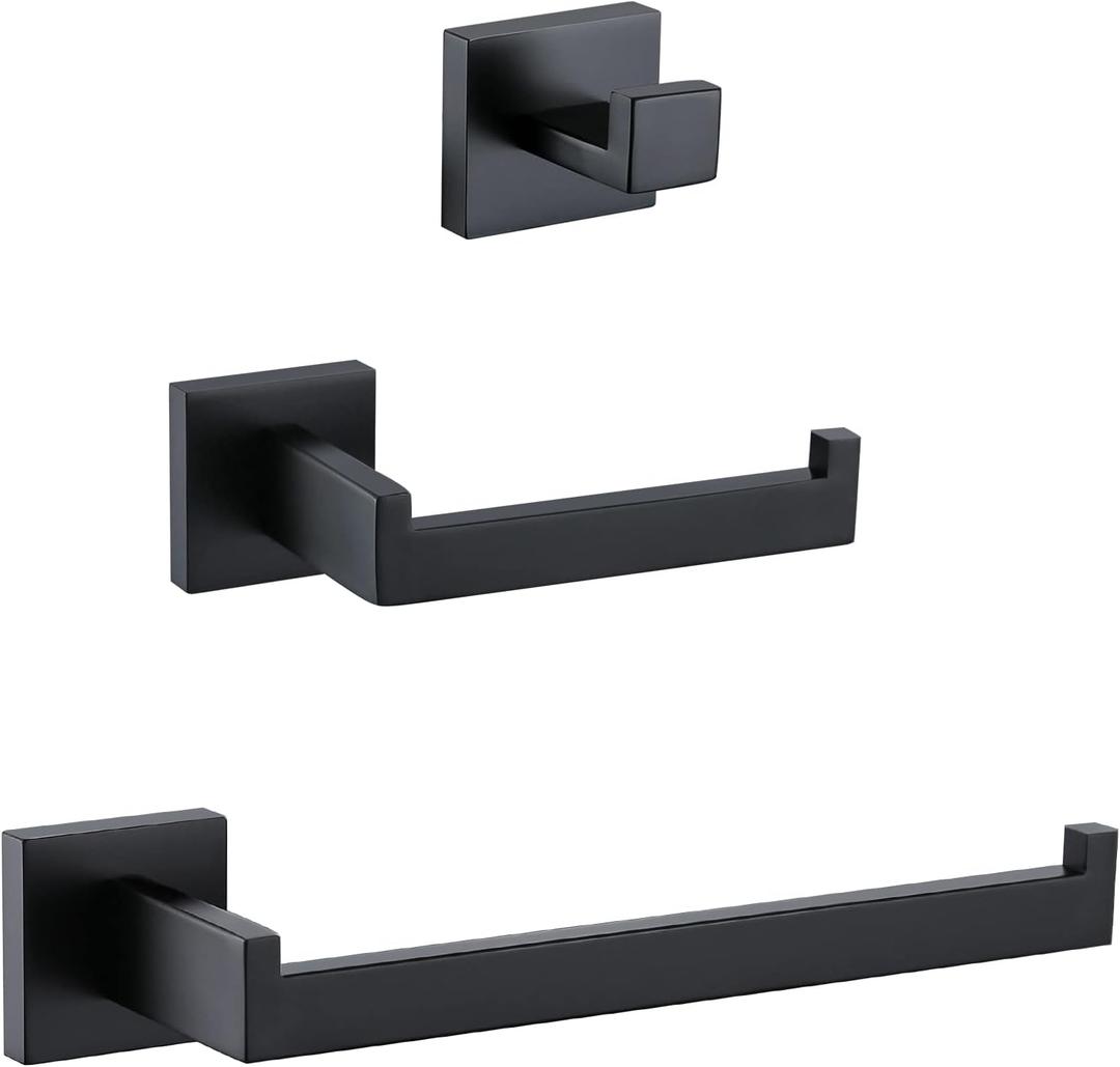 TURS Black 3-Piece Bathroom Towel Holder Set Stainless Steel Wall Mount Bath Hardware Set Toilet Paper Holder Towel Hook,Q7010BK