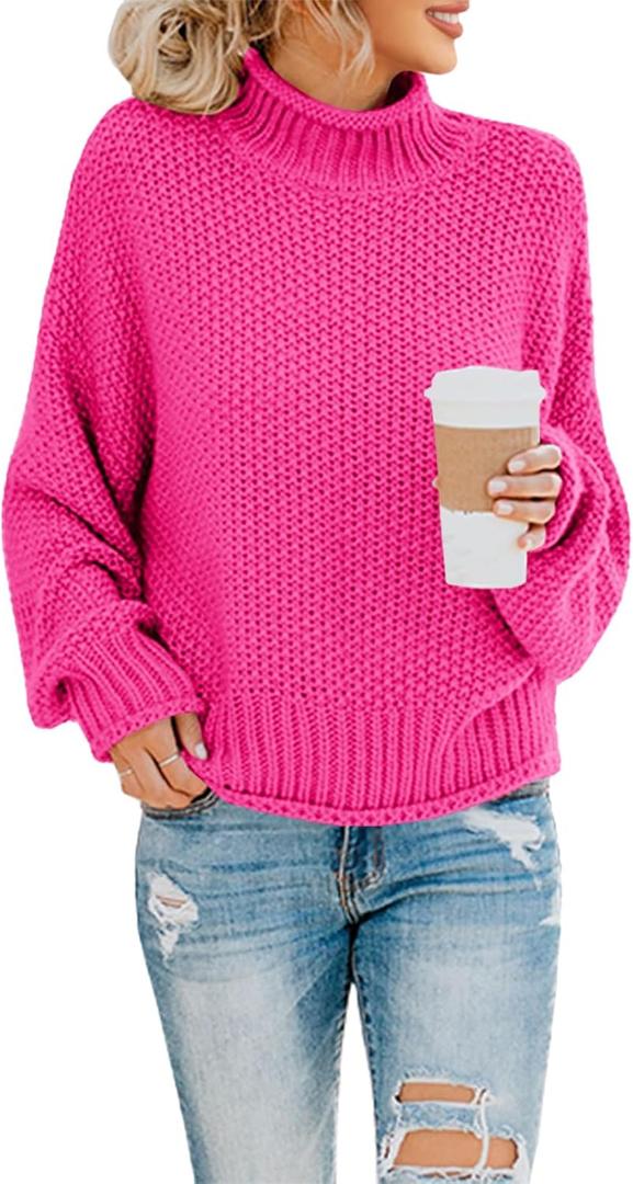 Saodimallsu Womens Turtleneck Oversized Sweaters Batwing Long Sleeve Pullover Loose Chunky Knit Jumper (Small, Rose Red)