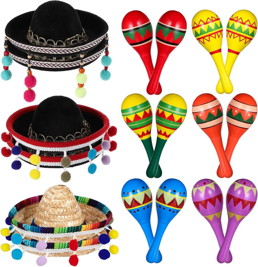 Honoson 12 Pcs Wooden Fiesta Maracas 6 Pcs Cinco De Mayo Mini Sombrero Top Hat for Kid Festival sombrero Mexican Party Decor(18 Pcs,Stylish Style)